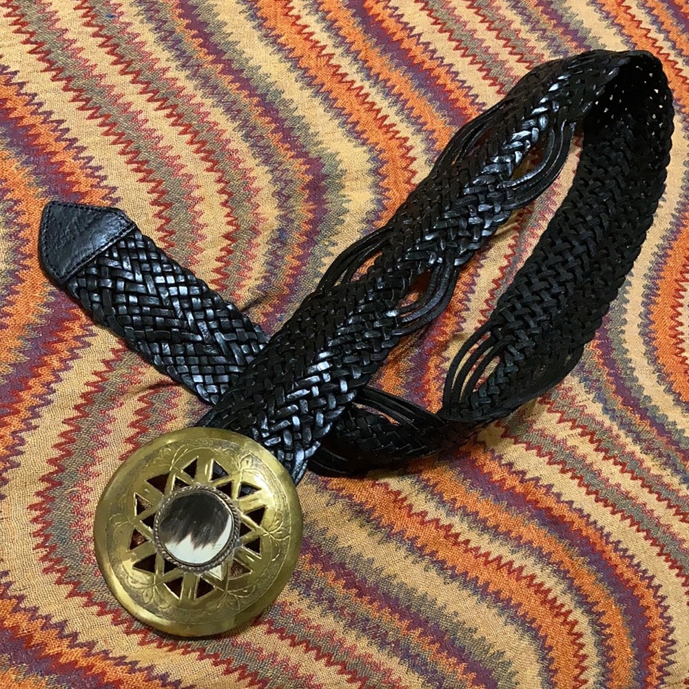 Leather Belt with Brass & Horn Buckle from Morocco